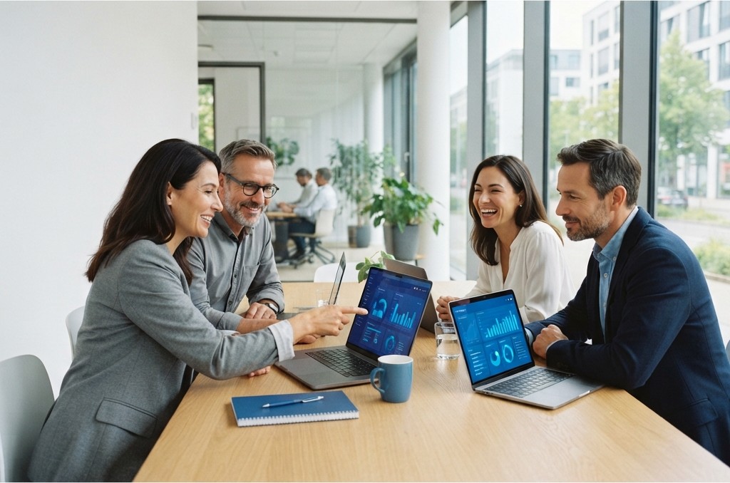 Fach- und Führungskräfte arbeiten gemeinsam mit KI-Tools