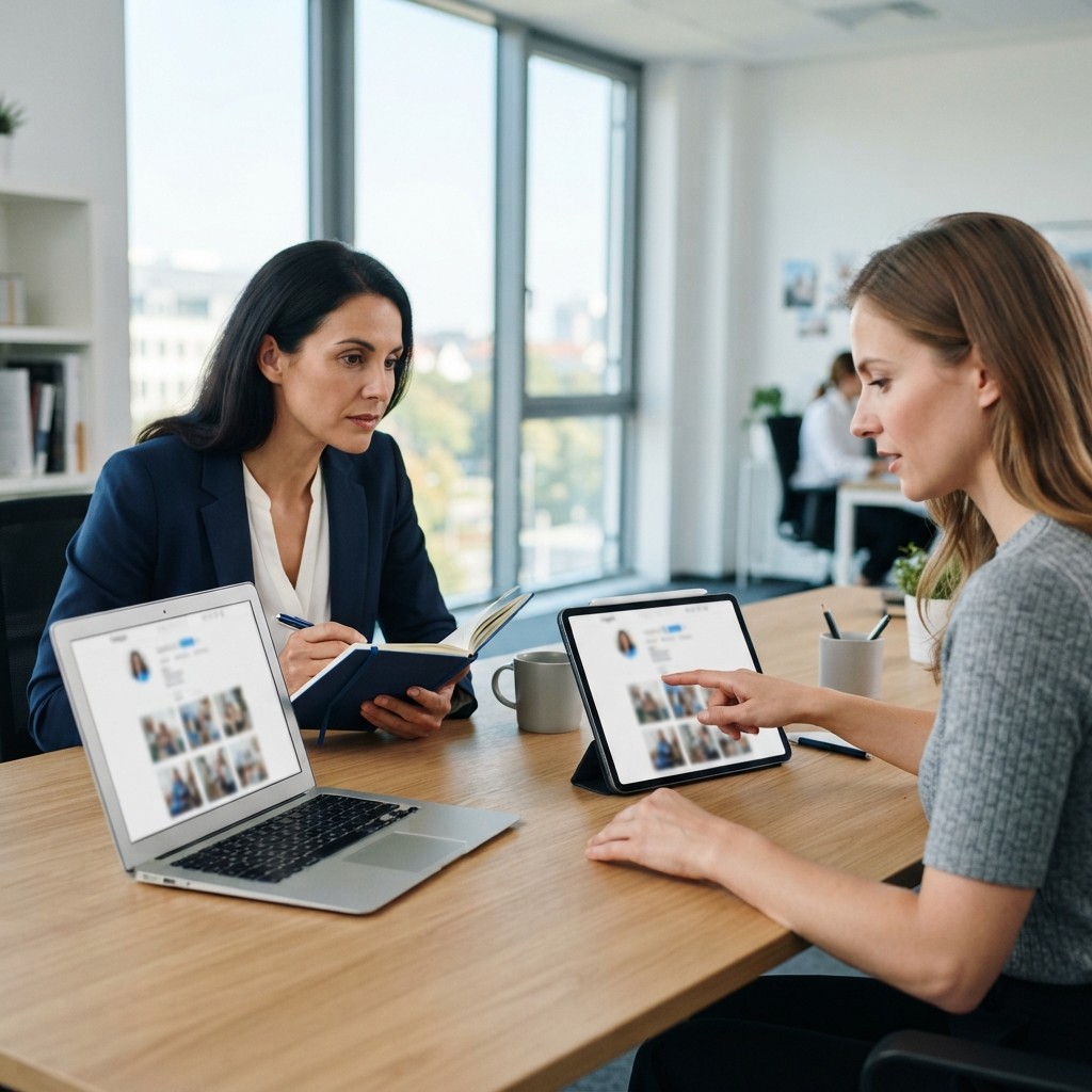 Teilnehmende analysieren gemeinsam Social-Media-Kanäle am Laptop