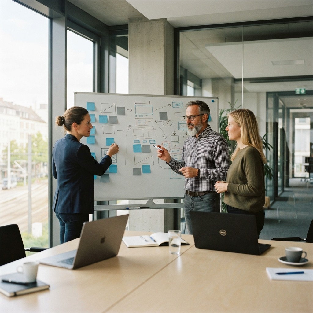 Content-Strategie wird im Team am Monitor erarbeitet